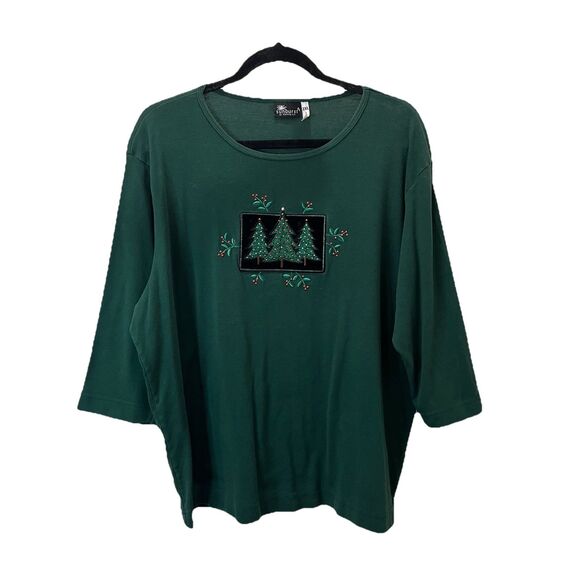 Vintage Sunburst Green Christmas Tree Embroidered Holiday Shirt Womens Size 2XL - Picture 1 of 8